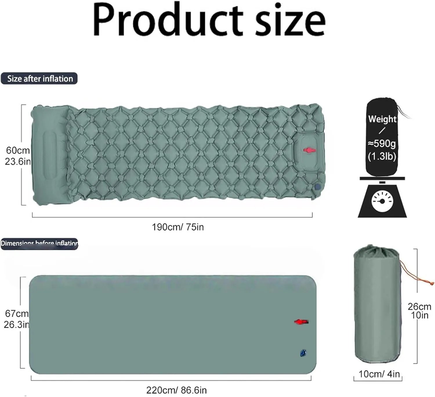 Coziya Matelas, Portable Waterproof Sleeping Pad, Ultralight Inflatable Camping Mattress, Built-in Pillow and Anti-Slip Design, for Camping, Travel, Home, Office (Army Green)