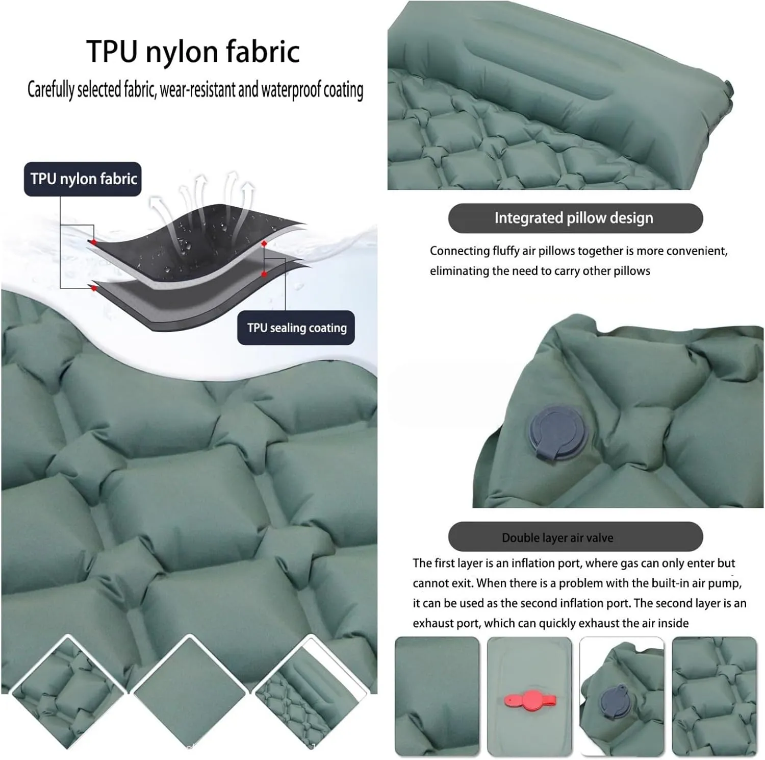 Coziya Matelas, Portable Waterproof Sleeping Pad, Ultralight Inflatable Camping Mattress, Built-in Pillow and Anti-Slip Design, for Camping, Travel, Home, Office (Army Green)