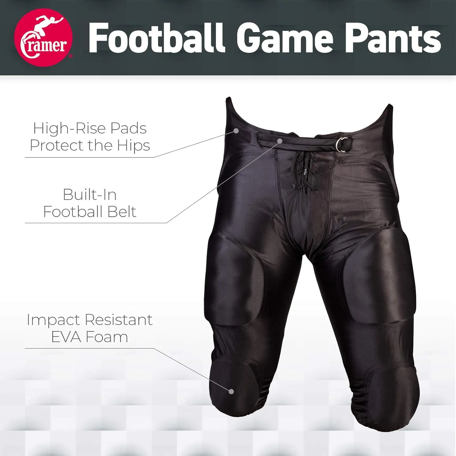 Cramer Youth Football Pants, 7-Pad Protection (Hip, Tailbone, Thigh, Knee), Black, Adjustable Strap, High-Rise Hip Padding, Designed for High-Impact