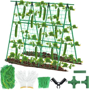Cucumber Trellis for Garden 48 x 48 Inch A-Frame Garden Trelli for Climbing Plant Outdoor Metal Cucumber Trellis with Net and Twist Ties for Climbing Plants Flowers Vegetables