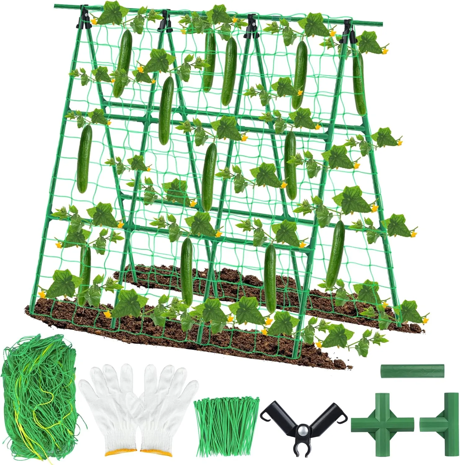 Cucumber Trellis for Garden 48 x 48 Inch A-Frame Garden Trelli for Climbing Plant Outdoor Metal Cucumber Trellis with Net and Twist Ties for Climbing Plants Flowers Vegetables