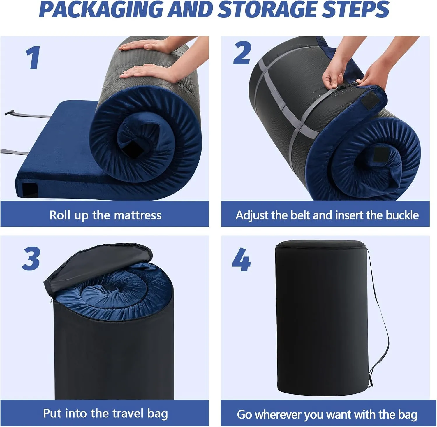 CYMULA Memory Foam Camping Mattress Pad, CertiPUR-US Sleeping Mat, Portable Roll Up Mattress for Adults, Camping Bed Pads for Sleepover, Car Bed with Travel Bag
