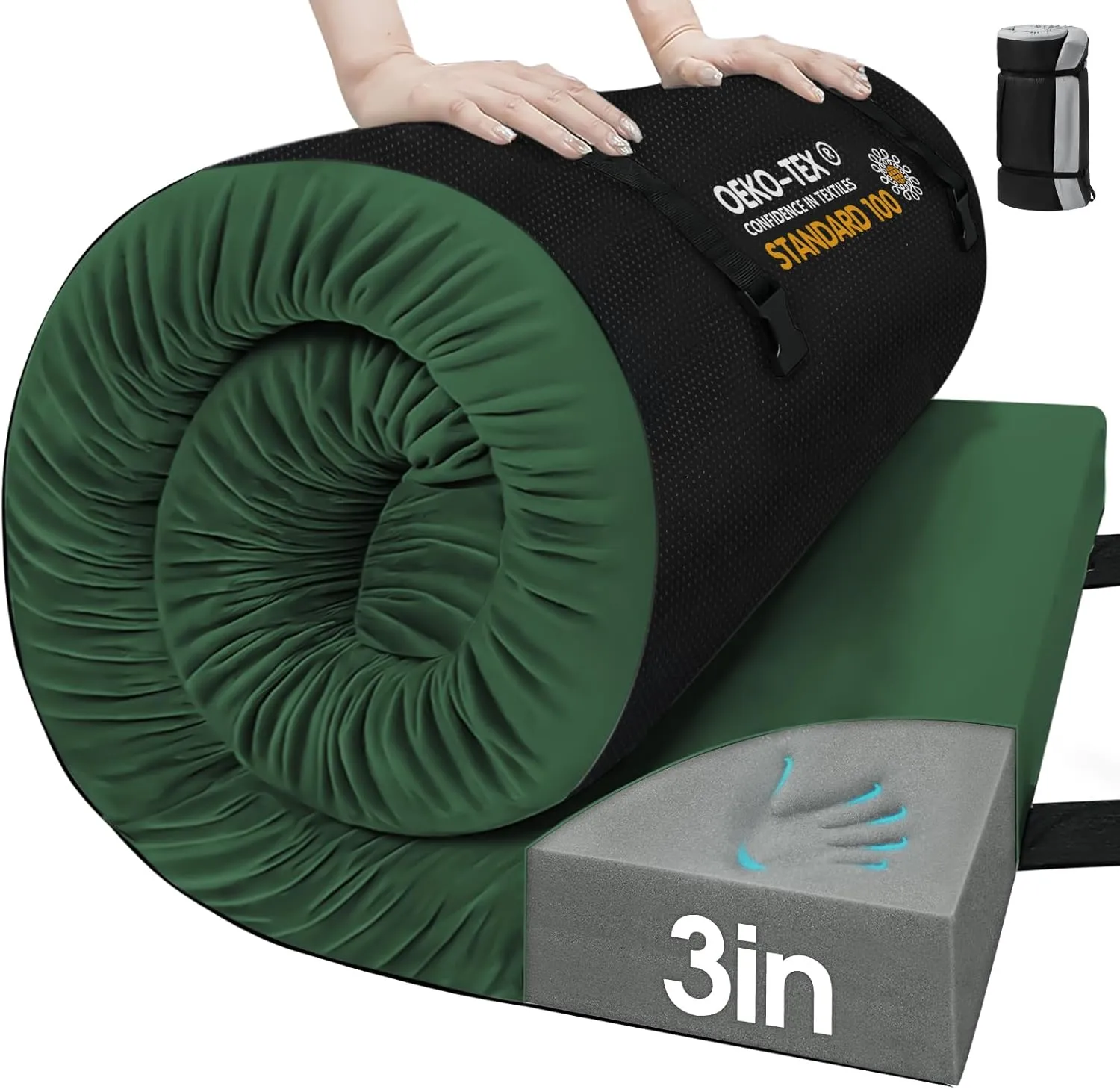 CYMULA Memory Foam Camping Mattress Pad,3inch Sleeping Pad for Camping,Non-Slip Bottom Floor Cot Mattress Bed with Retaining Portable Roll up Mattress Pad Mat for Travel Truck Guest Bed Tent