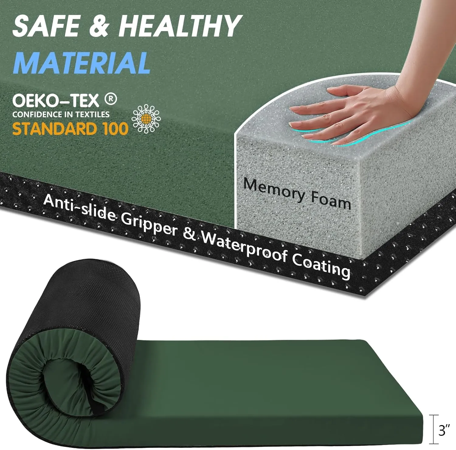 CYMULA Memory Foam Camping Mattress Pad,3inch Sleeping Pad for Camping,Non-Slip Bottom Floor Cot Mattress Bed with Retaining Portable Roll up Mattress Pad Mat for Travel Truck Guest Bed Tent