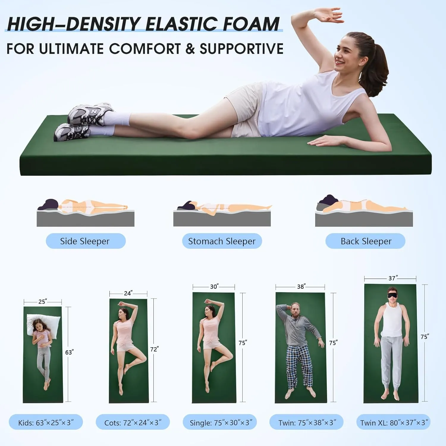 CYMULA Memory Foam Camping Mattress Pad,3inch Sleeping Pad for Camping,Non-Slip Bottom Floor Cot Mattress Bed with Retaining Portable Roll up Mattress Pad Mat for Travel Truck Guest Bed Tent
