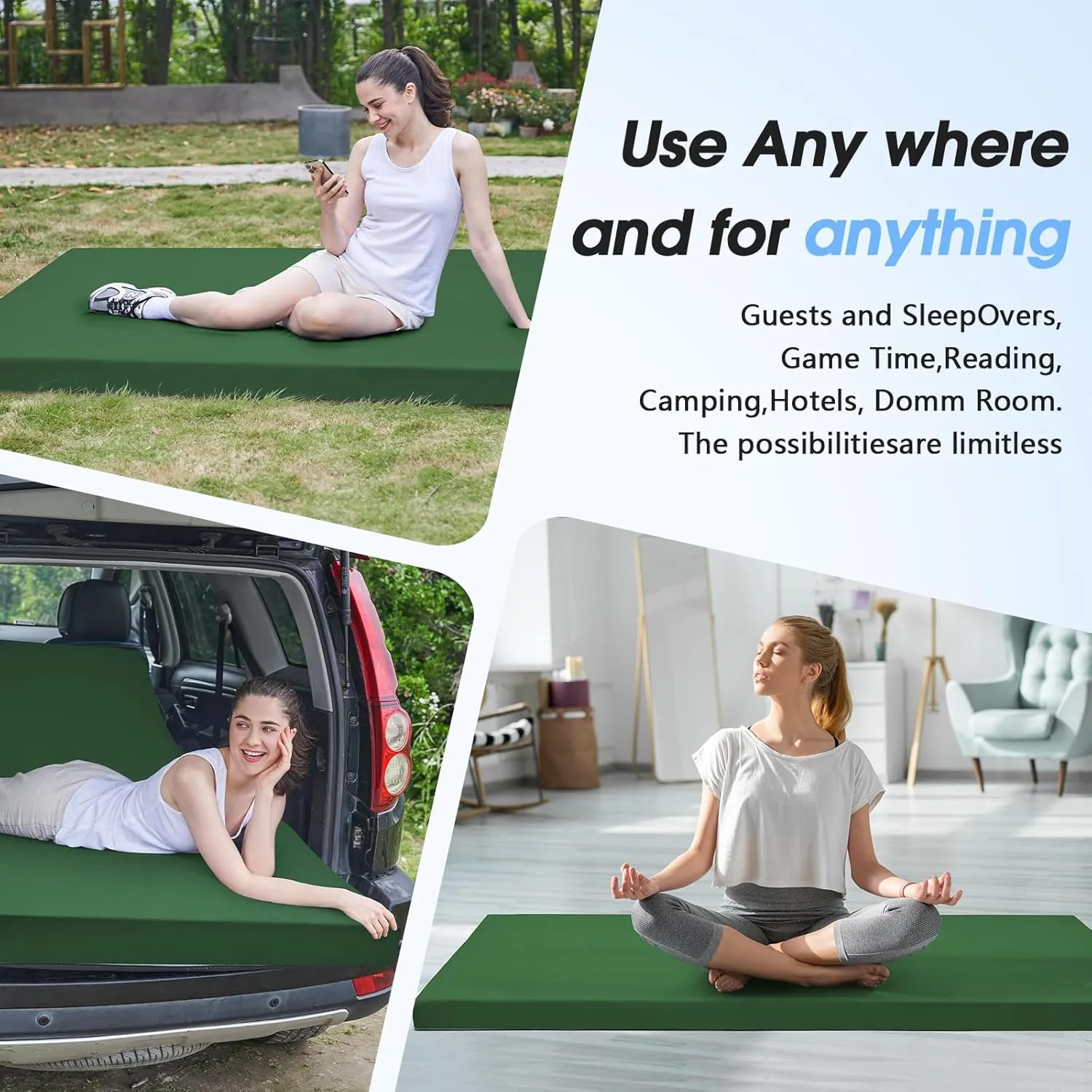 CYMULA Memory Foam Camping Mattress Pad,3inch Sleeping Pad for Camping,Non-Slip Bottom Floor Cot Mattress Bed with Retaining Portable Roll up Mattress Pad Mat for Travel Truck Guest Bed Tent
