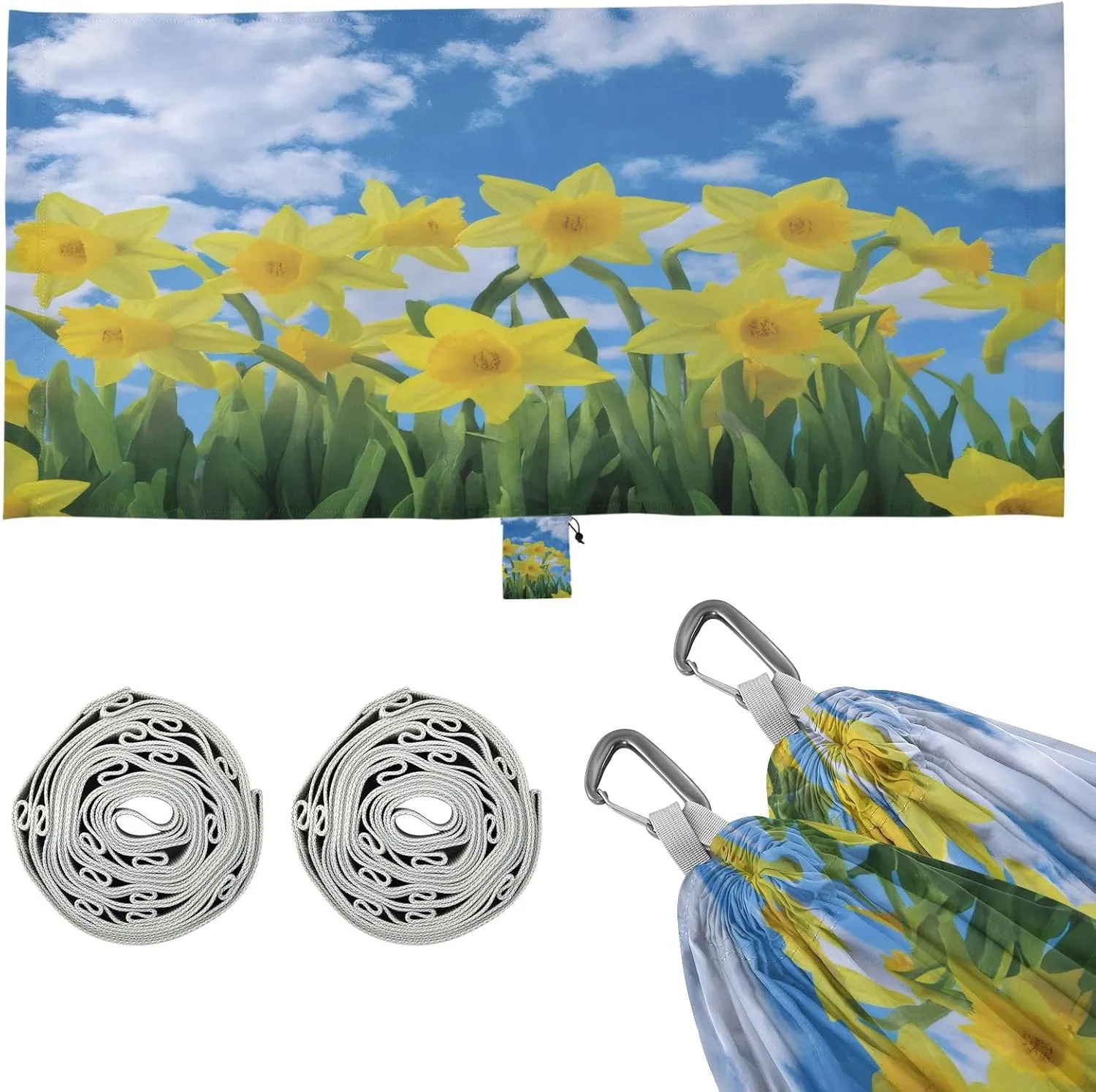 Daffodil Flowers Sky Cloudscape Camping Hammock, Single Portable Hammocks with Tree Straps & Attached Carry Bag, 330Lbs Capacity Perfect for Outside Indoor Hiking Beach Backpack Travel