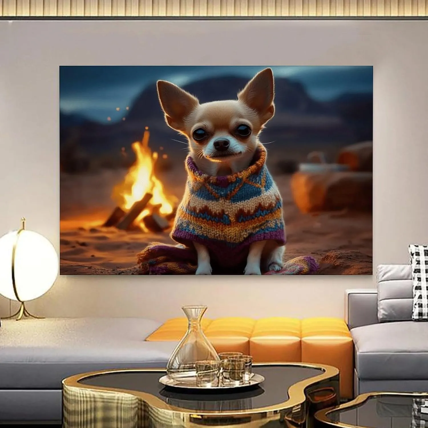 Desert Camping Dog Wall Art Dog Lover Gift Surreal Chihuahua Picture Dog Wearing Sweater Art Canvas Art Posters for Room Aesthetic And Wall Art Picture Living Room Decor 16x24inch(40x60cm)