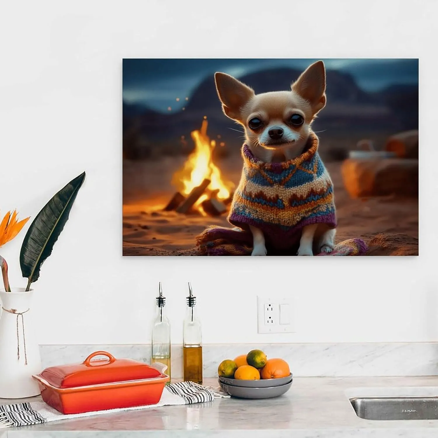 Desert Camping Dog Wall Art Dog Lover Gift Surreal Chihuahua Picture Dog Wearing Sweater Art Canvas Art Posters for Room Aesthetic And Wall Art Picture Living Room Decor 16x24inch(40x60cm)