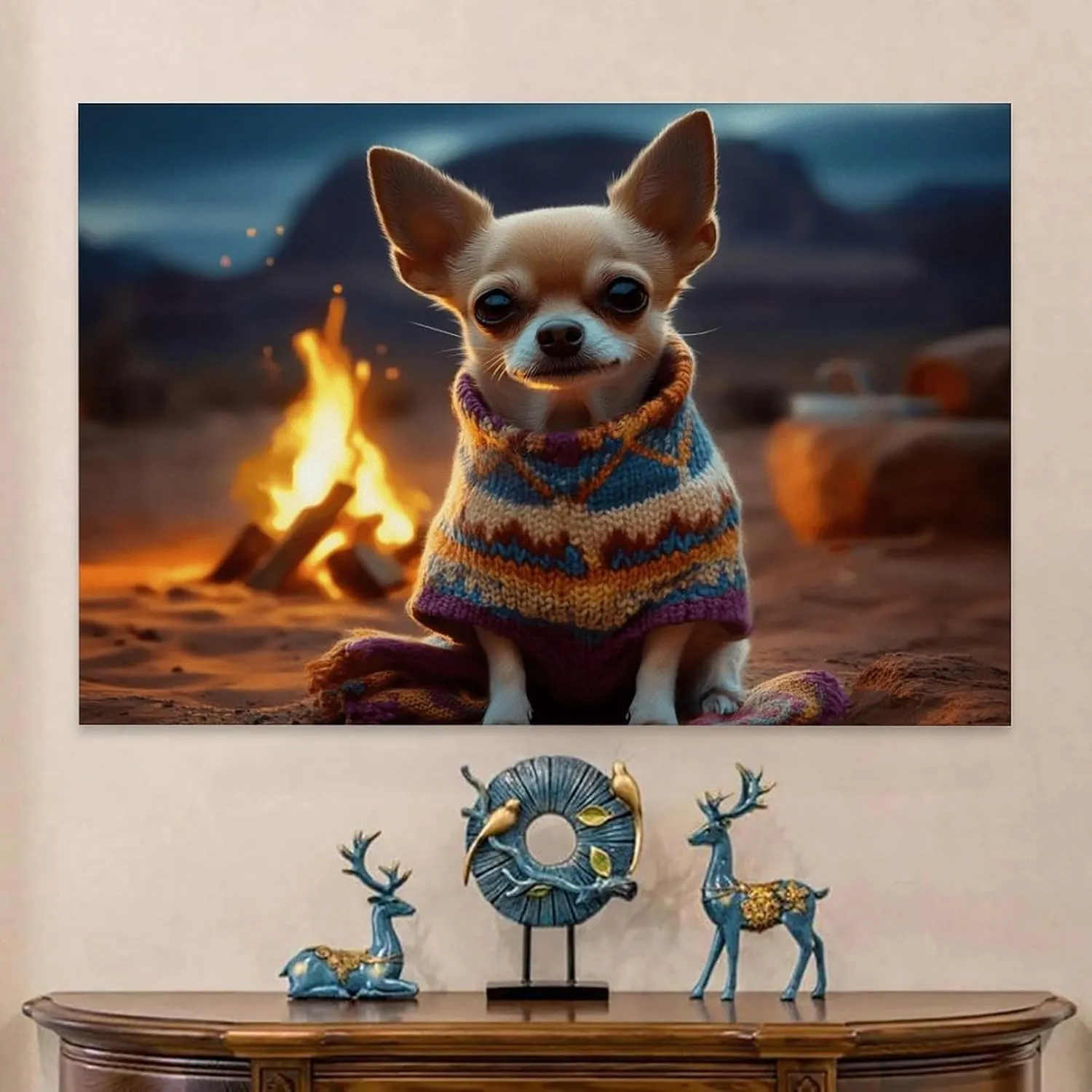 Desert Camping Dog Wall Art Dog Lover Gift Surreal Chihuahua Picture Dog Wearing Sweater Art Canvas Art Posters for Room Aesthetic And Wall Art Picture Living Room Decor 16x24inch(40x60cm)