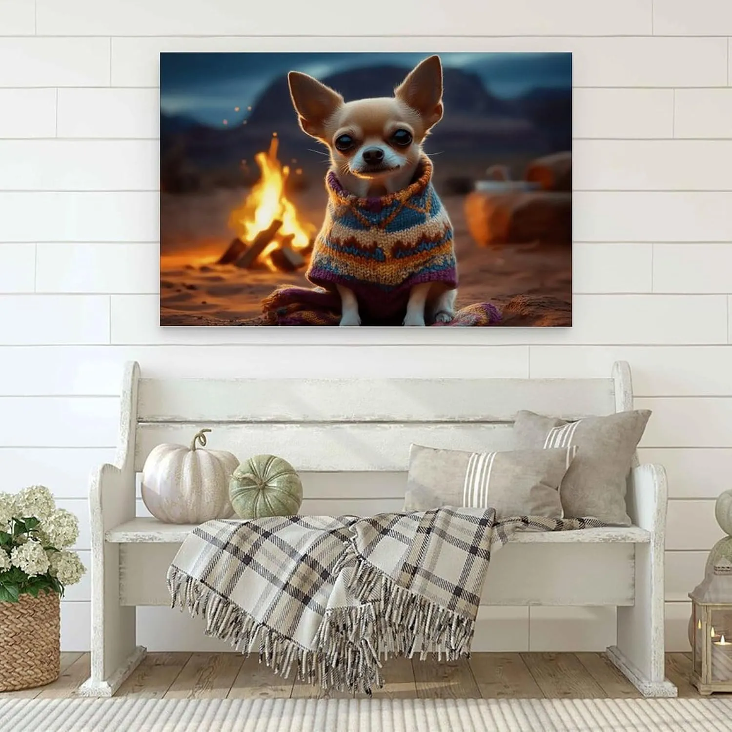 Desert Camping Dog Wall Art Dog Lover Gift Surreal Chihuahua Picture Dog Wearing Sweater Art Canvas Art Posters for Room Aesthetic And Wall Art Picture Living Room Decor 16x24inch(40x60cm)