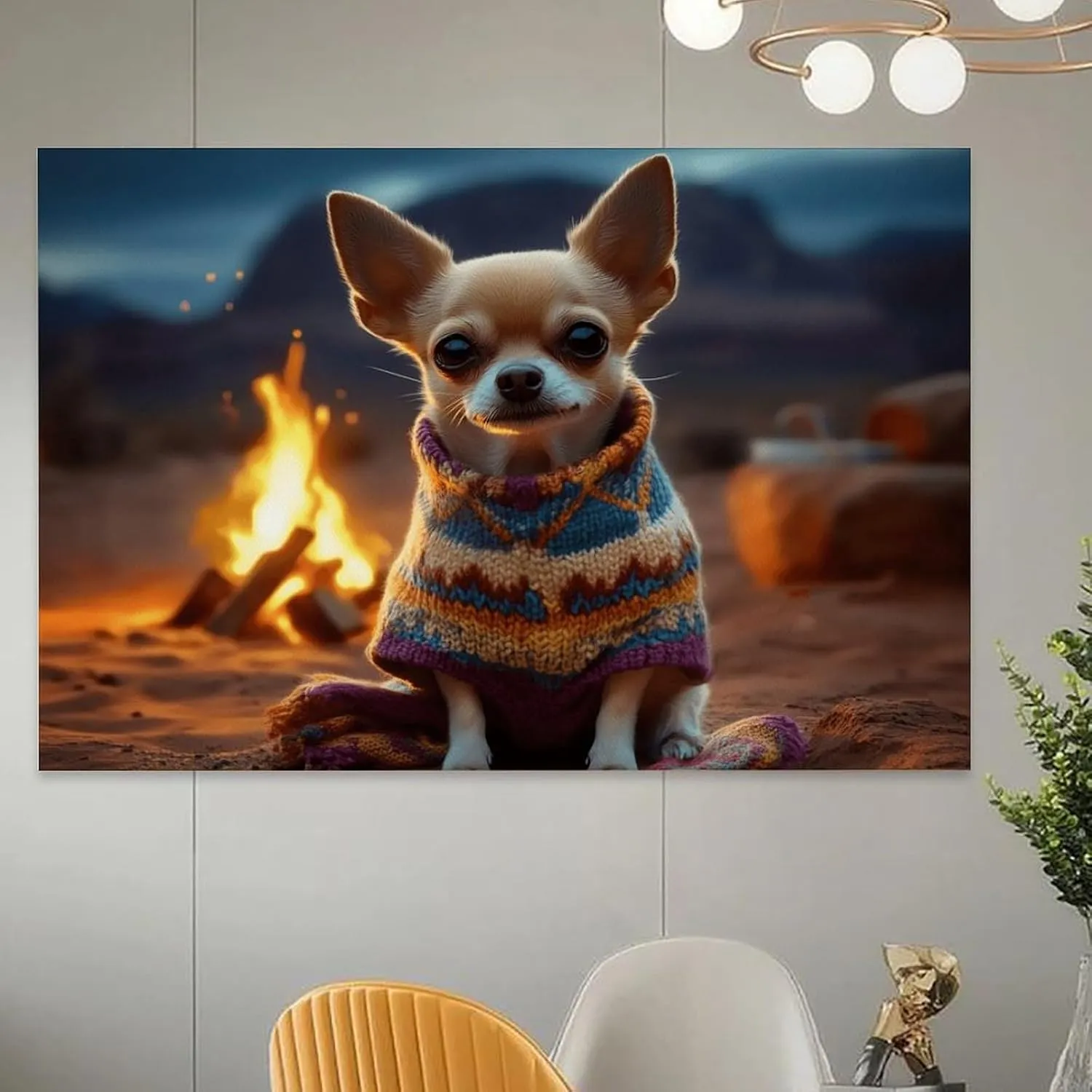 Desert Camping Dog Wall Art Dog Lover Gift Surreal Chihuahua Picture Dog Wearing Sweater Art Canvas Art Posters for Room Aesthetic And Wall Art Picture Living Room Decor 16x24inch(40x60cm)