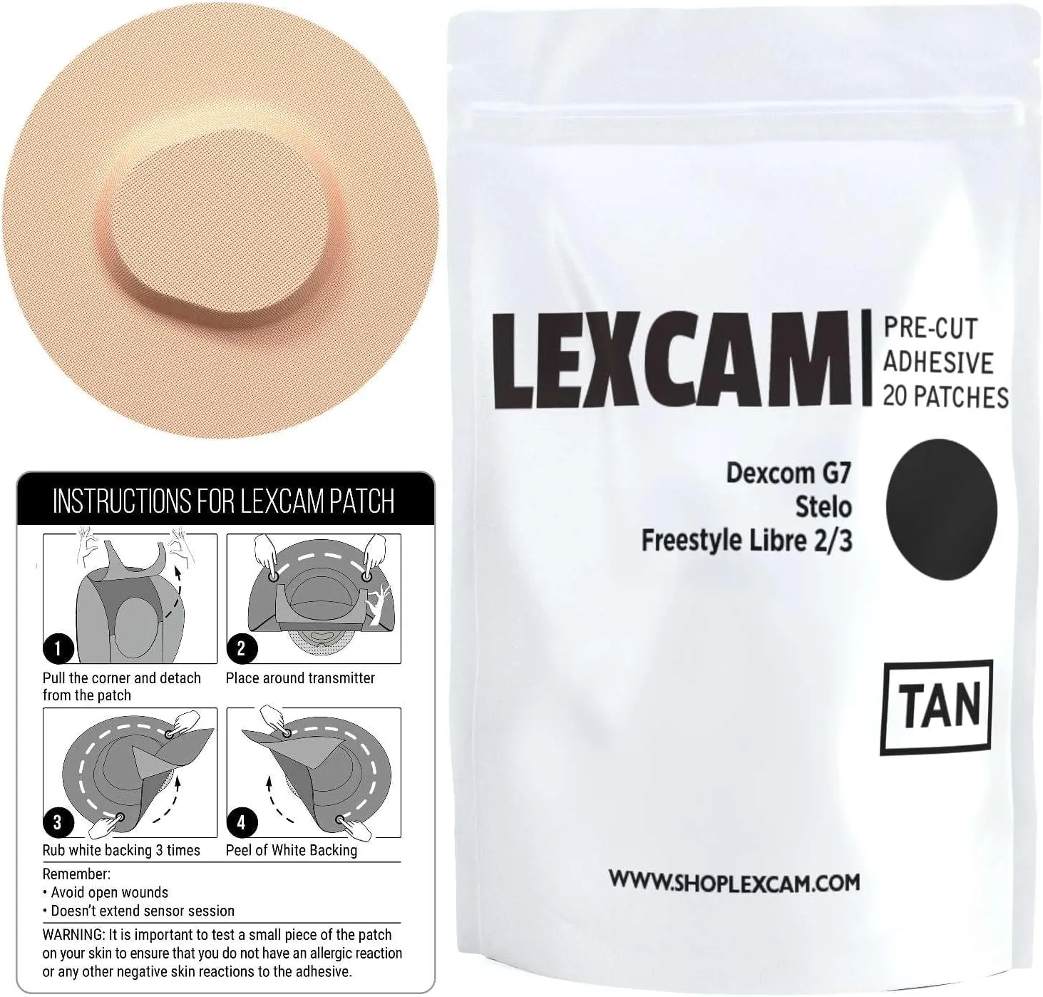 Dexcom G7 and Stelo Adhesive Patches, Pack of 20, Lexcam CGM Covers, Color Tan, Sensor is NOT Included