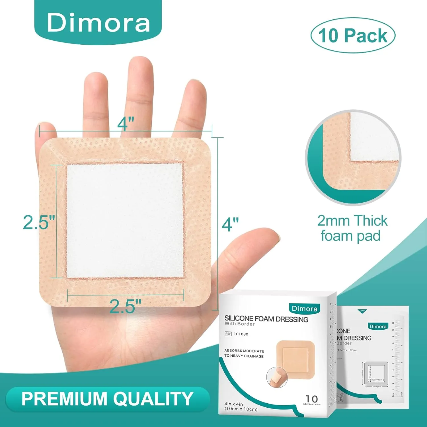 Dimora Silicone Foam Dressing with Border Adhesive 4"x4" Wound Dressing First Aid Bandage for Wound Care 10 Pack FSA/HSA Approved