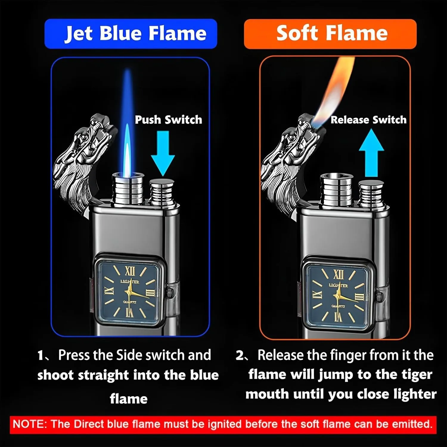 Direct-Charge Dual Flame Lighter with Visible Fuel Tank, Windproof Metal, Adjustable Flame Size, Butane refillable (Butane not Included)(Gold 1)