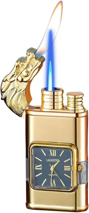 Direct-Charge Dual Flame Lighter with Visible Fuel Tank, Windproof Metal, Adjustable Flame Size, Butane refillable (Butane not Included)(Gold 1)