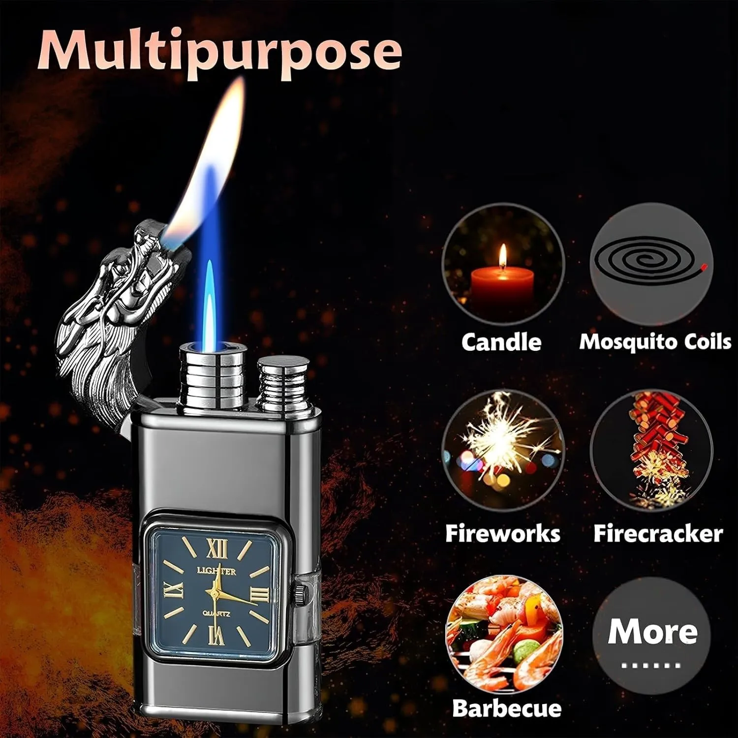 Direct-Charge Dual Flame Lighter with Visible Fuel Tank, Windproof Metal, Adjustable Flame Size, Butane refillable (Butane not Included)(Gold 1)