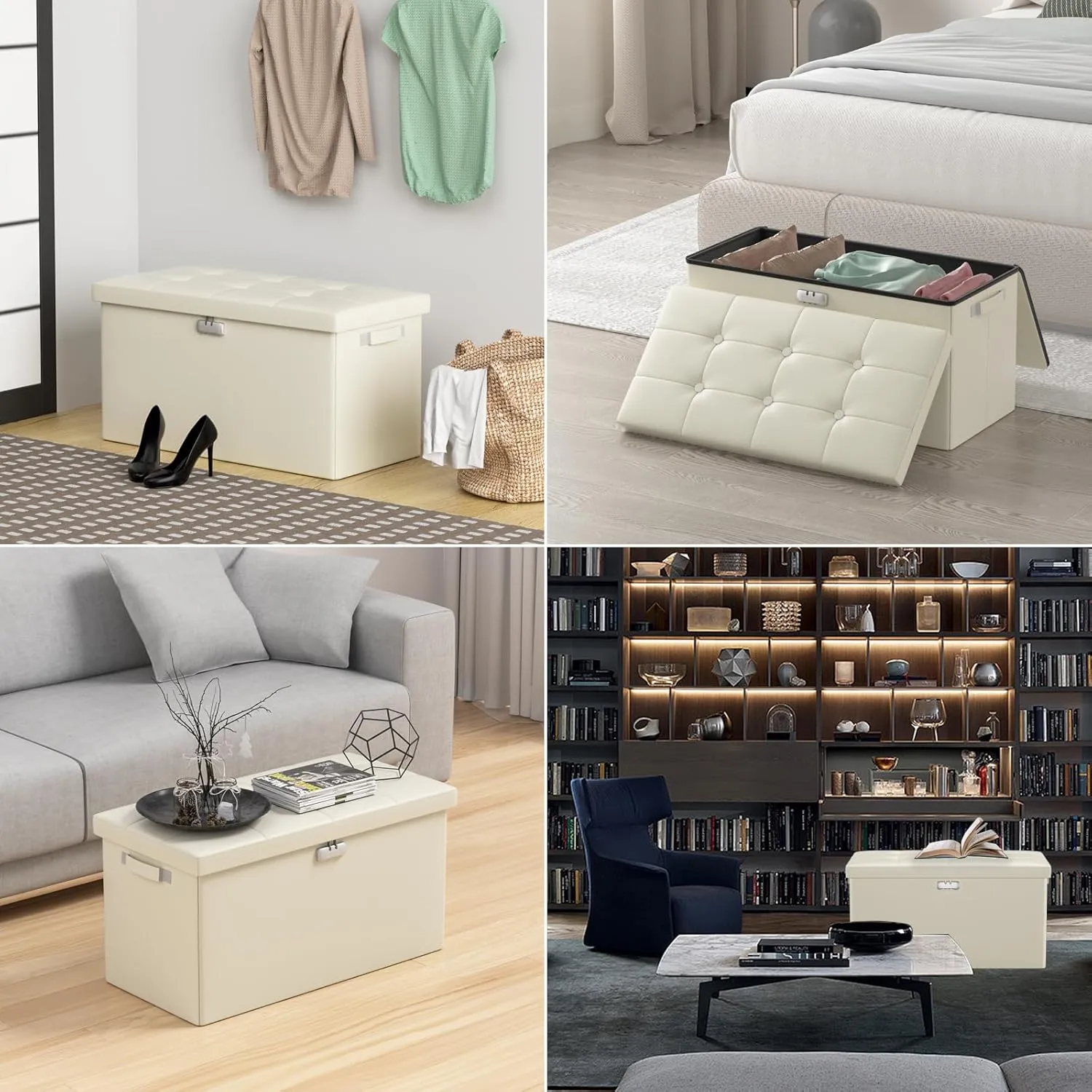 DocSafe Storage Ottoman Bench with Lock,Fireproof 30 Inches Folding Bench Foot Rest Stool Storage Chest Safe for Living Room,Bedroom,Home Office,Waterproof Leather Ottoman with Handles,Beige