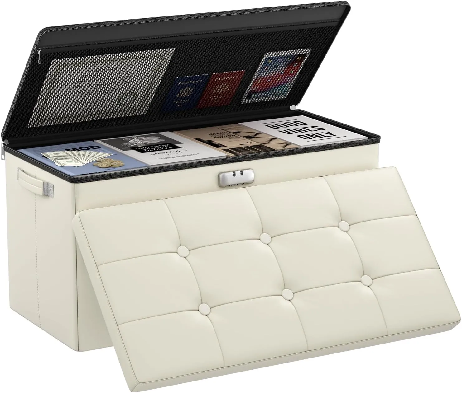 DocSafe Storage Ottoman Bench with Lock,Fireproof 30 Inches Folding Bench Foot Rest Stool Storage Chest Safe for Living Room,Bedroom,Home Office,Waterproof Leather Ottoman with Handles,Beige