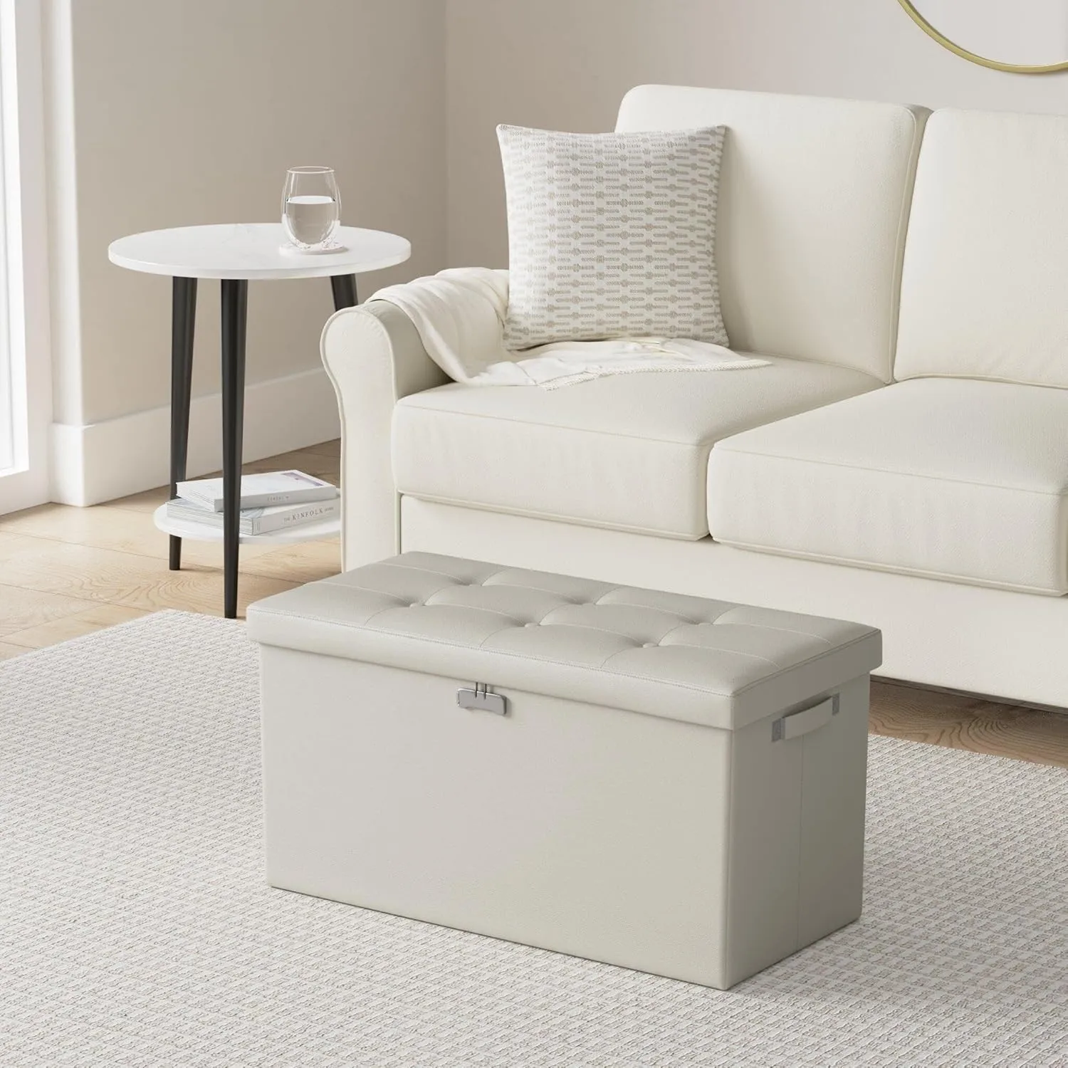 DocSafe Storage Ottoman Bench with Lock,Fireproof 30 Inches Folding Bench Foot Rest Stool Storage Chest Safe for Living Room,Bedroom,Home Office,Waterproof Leather Ottoman with Handles,Beige