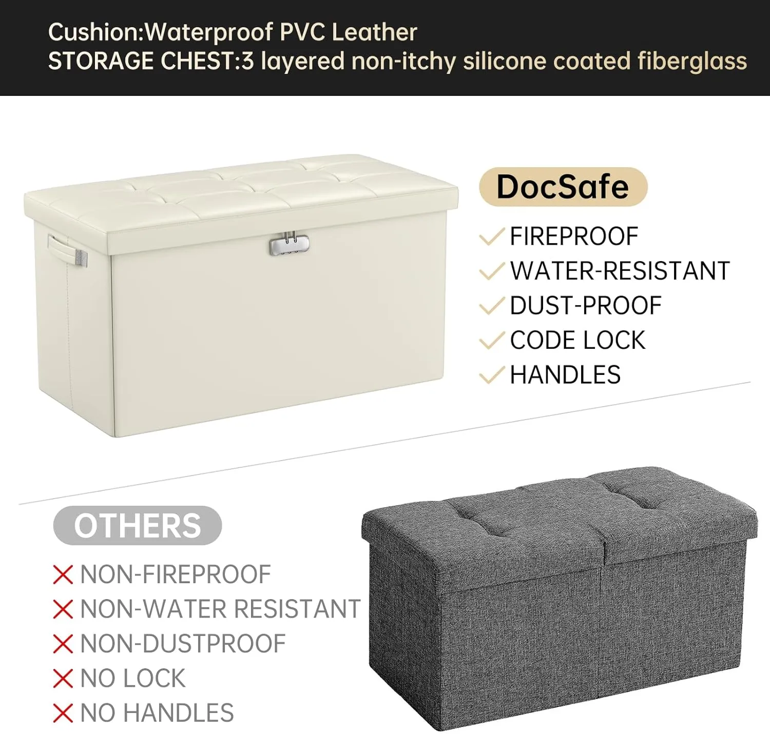 DocSafe Storage Ottoman Bench with Lock,Fireproof 30 Inches Folding Bench Foot Rest Stool Storage Chest Safe for Living Room,Bedroom,Home Office,Waterproof Leather Ottoman with Handles,Beige