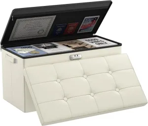 DocSafe Storage Ottoman Bench with Lock,Fireproof 30 Inches Folding Bench Foot Rest Stool Storage Chest Safe for Living Room,Bedroom,Home Office,Waterproof Leather Ottoman with Handles,Beige