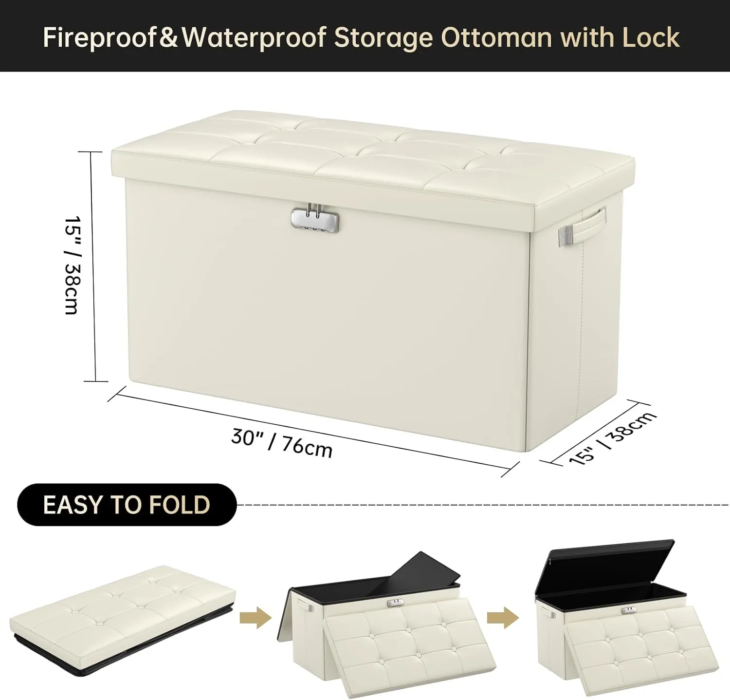 DocSafe Storage Ottoman Bench with Lock,Fireproof 30 Inches Folding Bench Foot Rest Stool Storage Chest Safe for Living Room,Bedroom,Home Office,Waterproof Leather Ottoman with Handles,Beige