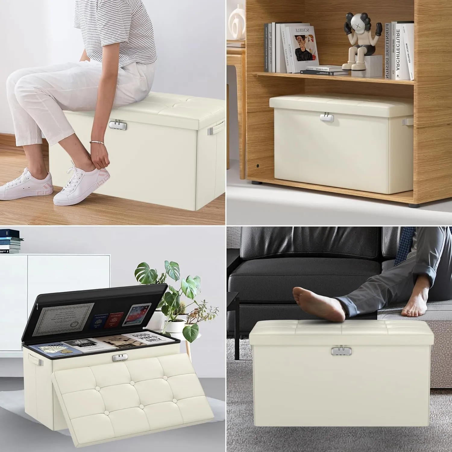 DocSafe Storage Ottoman Bench with Lock,Fireproof 30 Inches Folding Bench Foot Rest Stool Storage Chest Safe for Living Room,Bedroom,Home Office,Waterproof Leather Ottoman with Handles,Beige