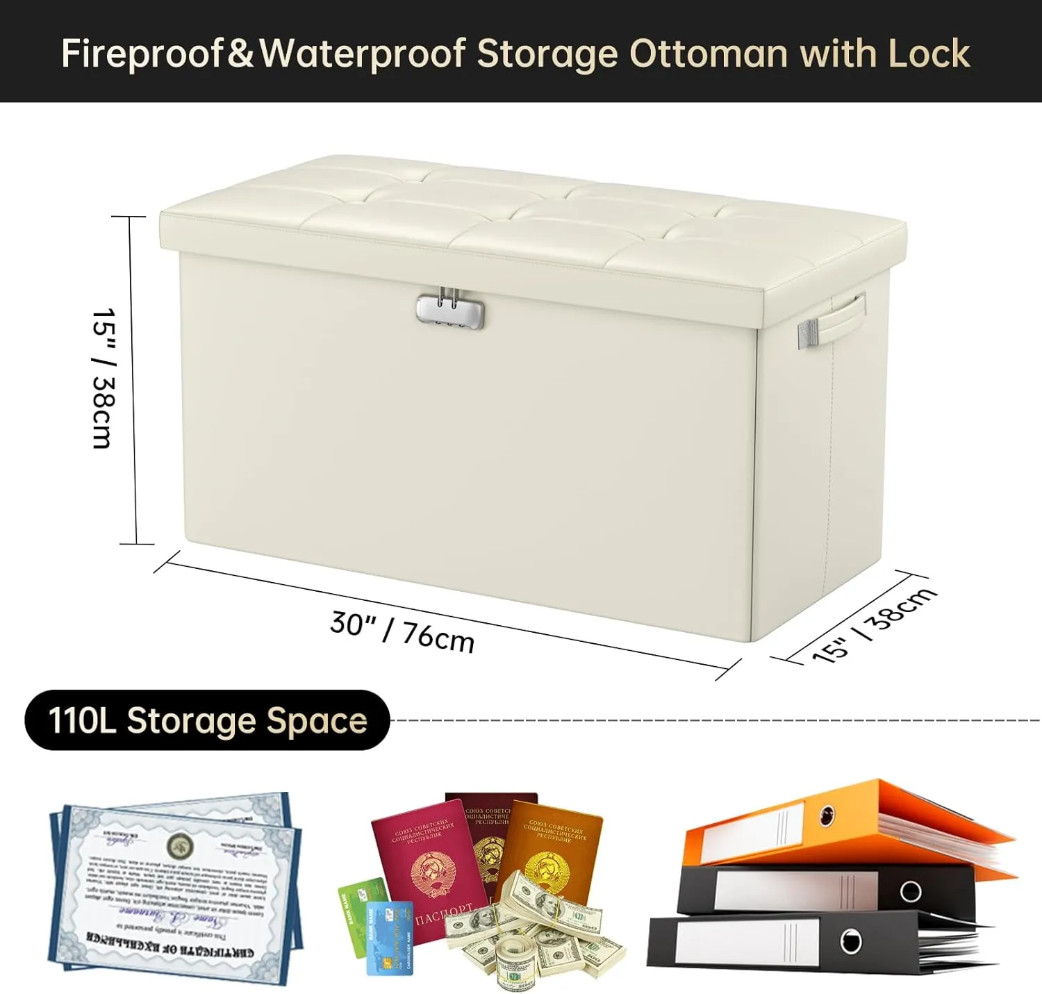 DocSafe Storage Ottoman Bench with Lock,Fireproof 30 Inches Folding Bench Foot Rest Stool Storage Chest Safe for Living Room,Bedroom,Home Office,Waterproof Leather Ottoman with Handles,Beige