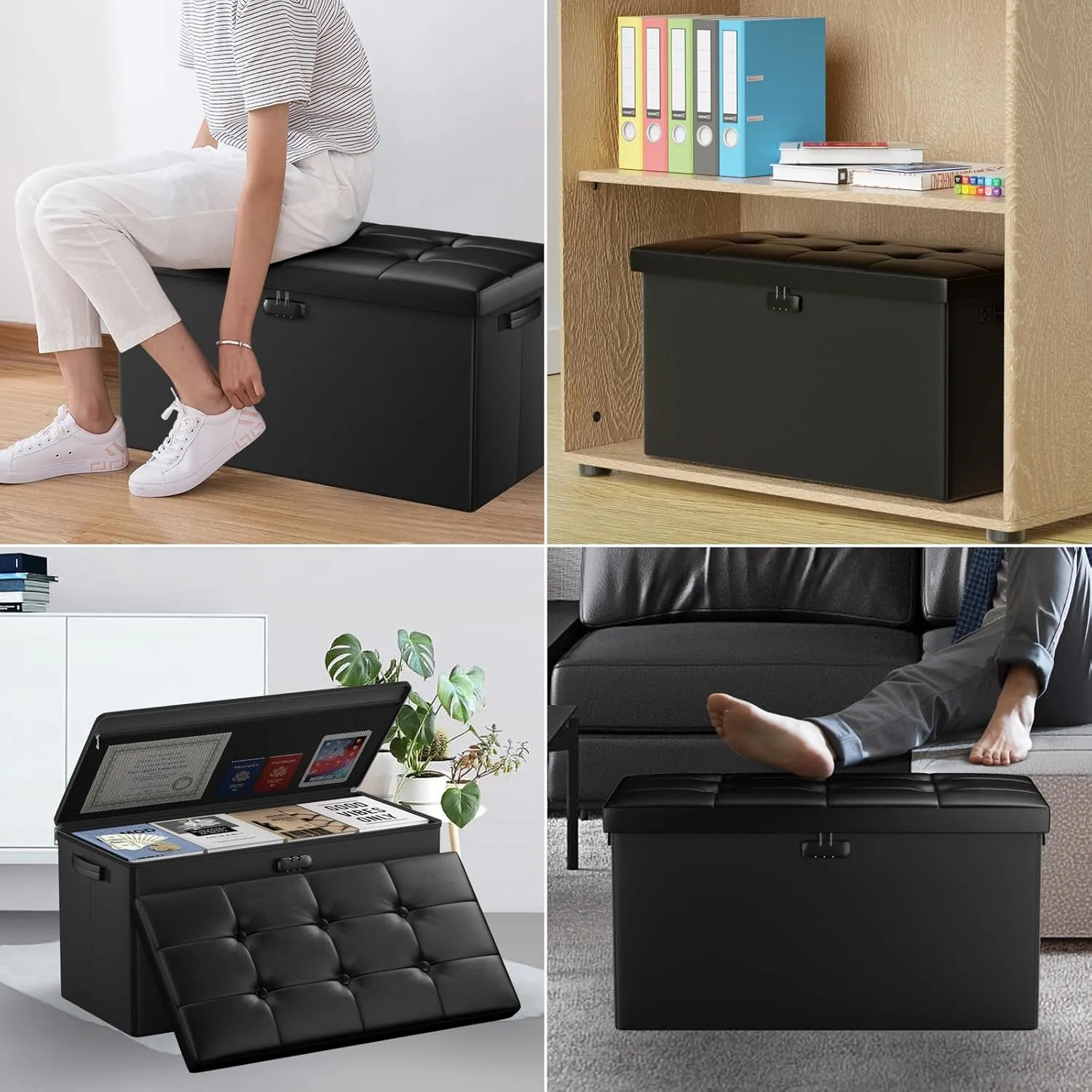 DocSafe Storage Ottoman Bench with Lock,Fireproof 30 Inches Folding Bench Foot Rest Stool Storage Chest Safe for Living Room,Bedroom,Home Office,Waterproof Leather Ottoman with Handles,Black