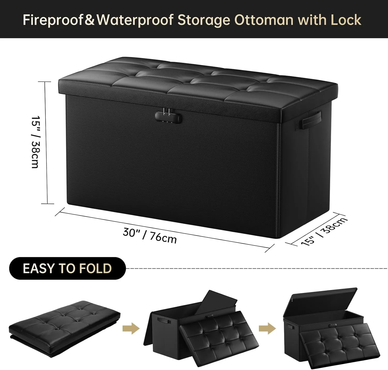 DocSafe Storage Ottoman Bench with Lock,Fireproof 30 Inches Folding Bench Foot Rest Stool Storage Chest Safe for Living Room,Bedroom,Home Office,Waterproof Leather Ottoman with Handles,Black
