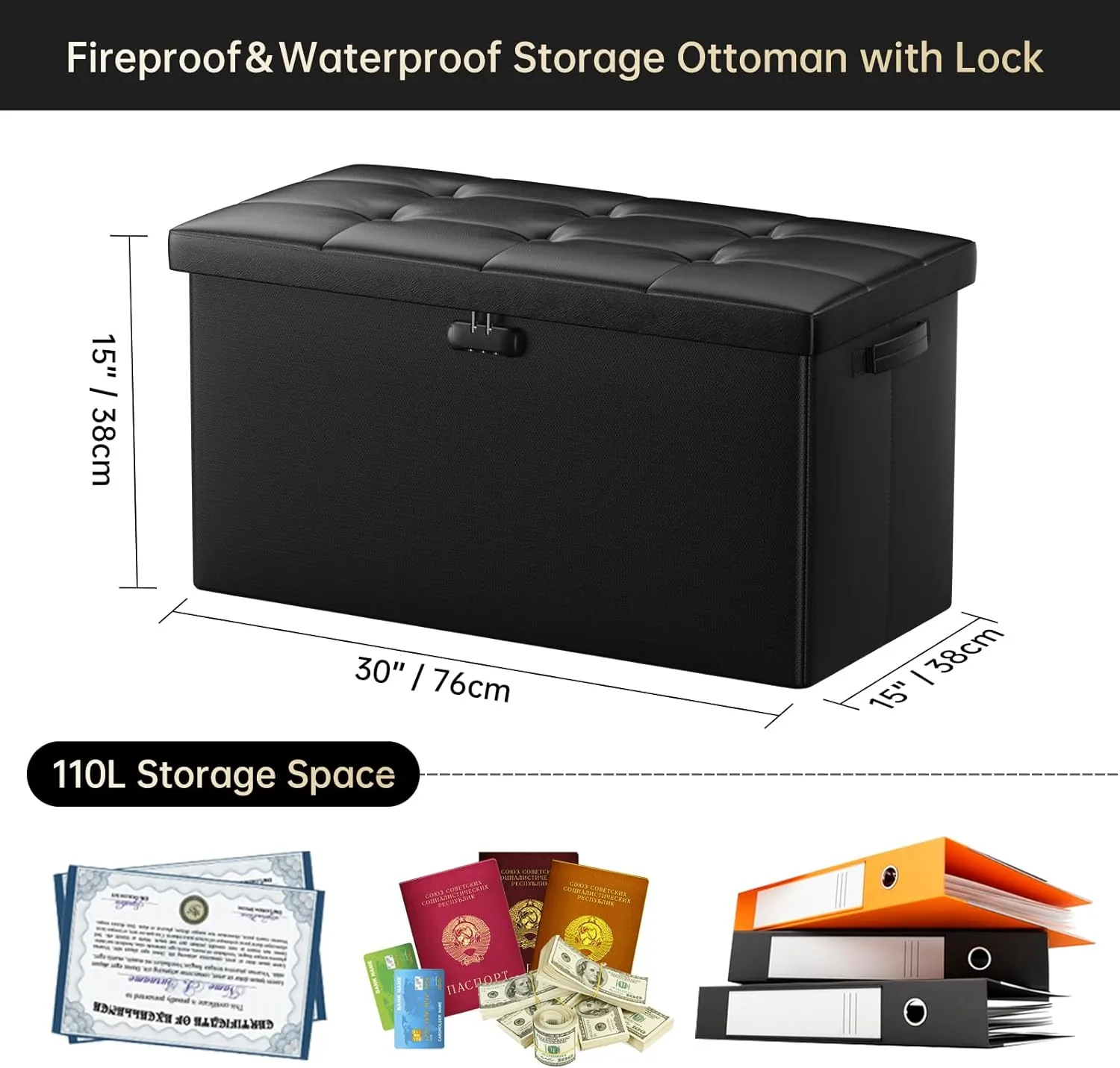 DocSafe Storage Ottoman Bench with Lock,Fireproof 30 Inches Folding Bench Foot Rest Stool Storage Chest Safe for Living Room,Bedroom,Home Office,Waterproof Leather Ottoman with Handles,Black