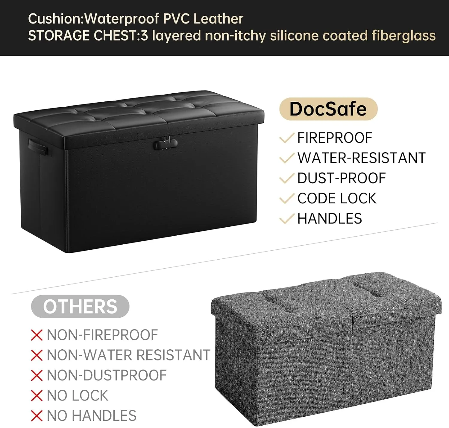 DocSafe Storage Ottoman Bench with Lock,Fireproof 30 Inches Folding Bench Foot Rest Stool Storage Chest Safe for Living Room,Bedroom,Home Office,Waterproof Leather Ottoman with Handles,Black
