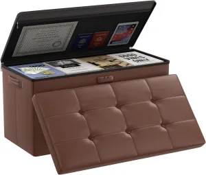 DocSafe Storage Ottoman Bench with Lock,Fireproof 30 Inches Folding Bench Foot Rest Stool Storage Chest Safe for Living Room,Bedroom,Home Office,Waterproof Leather Ottoman with Handles,Brown