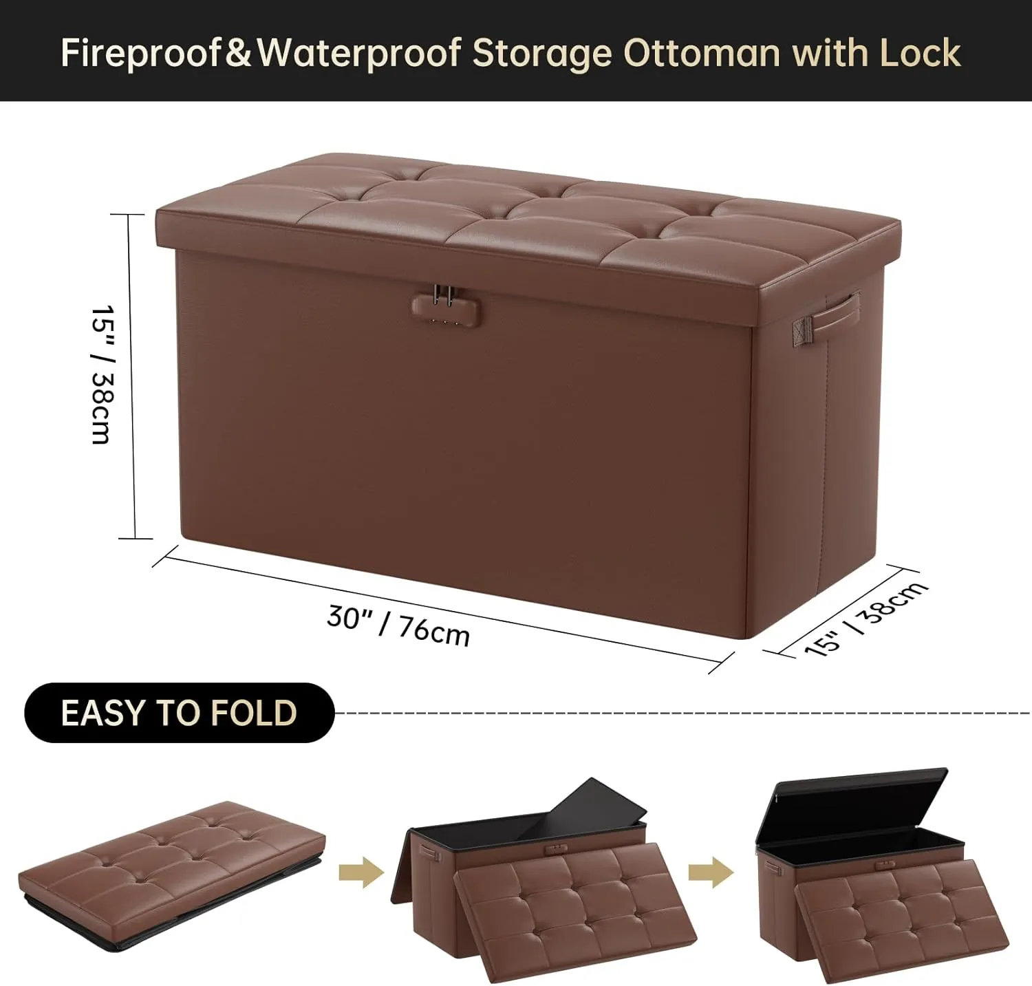 DocSafe Storage Ottoman Bench with Lock,Fireproof 30 Inches Folding Bench Foot Rest Stool Storage Chest Safe for Living Room,Bedroom,Home Office,Waterproof Leather Ottoman with Handles,Brown