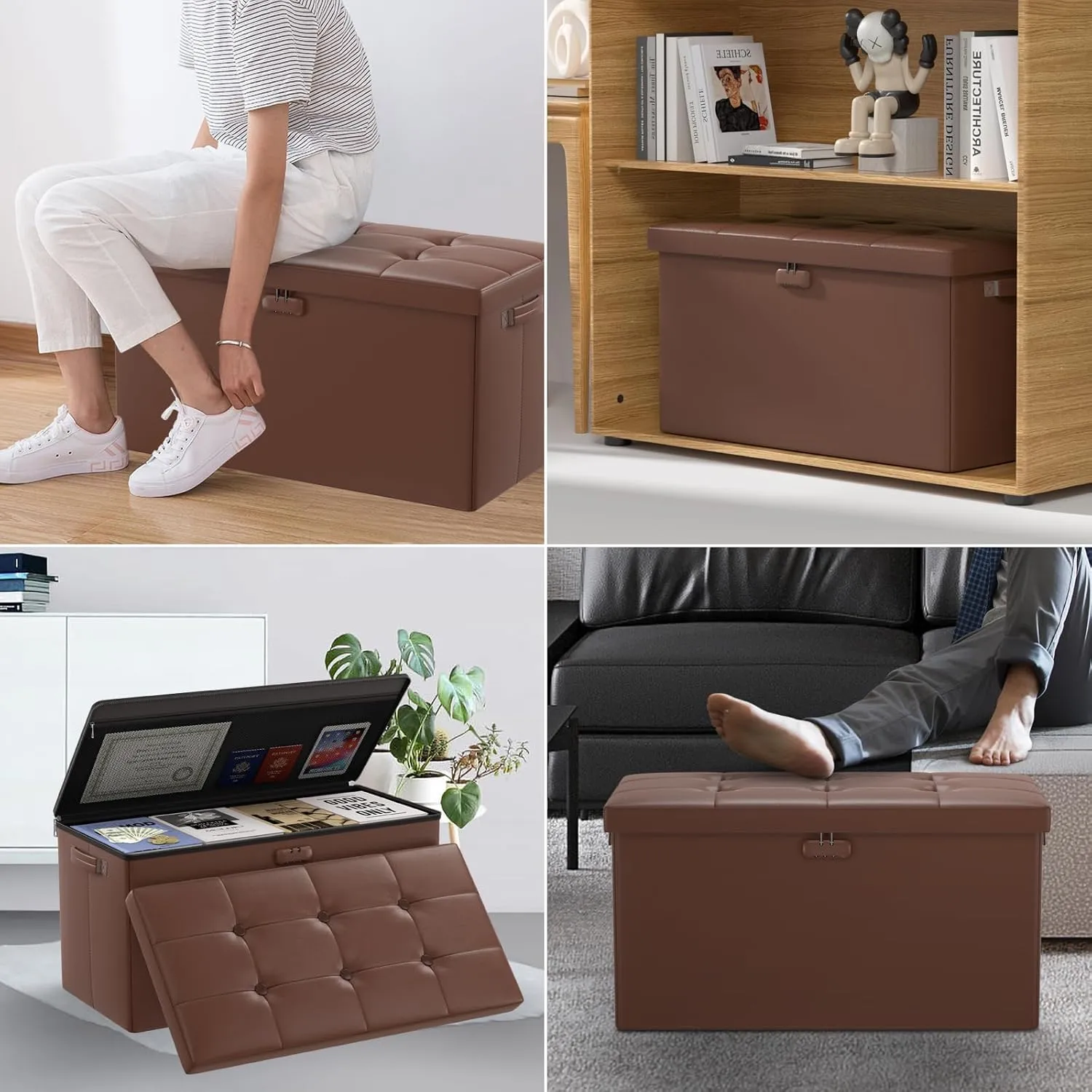 DocSafe Storage Ottoman Bench with Lock,Fireproof 30 Inches Folding Bench Foot Rest Stool Storage Chest Safe for Living Room,Bedroom,Home Office,Waterproof Leather Ottoman with Handles,Brown