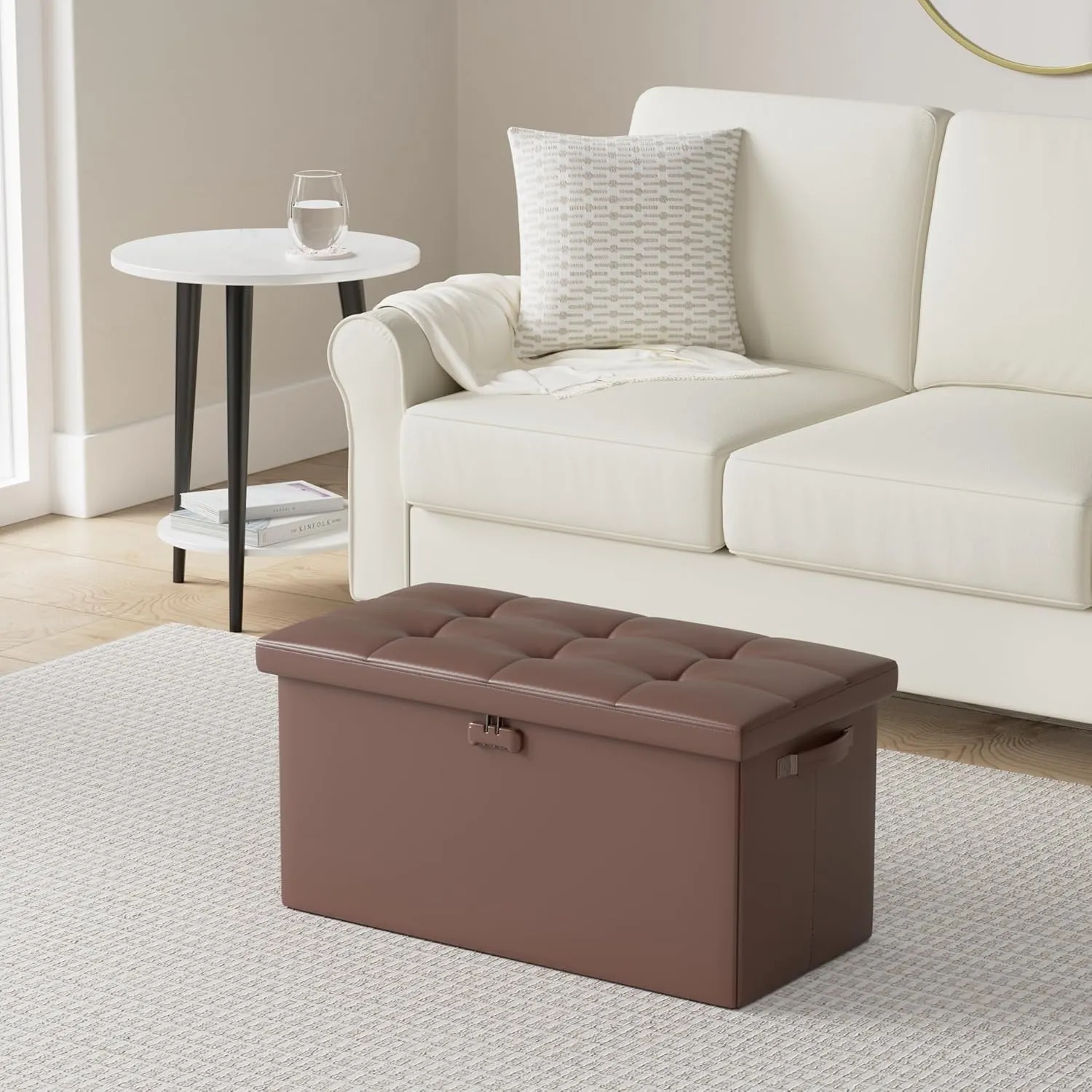 DocSafe Storage Ottoman Bench with Lock,Fireproof 30 Inches Folding Bench Foot Rest Stool Storage Chest Safe for Living Room,Bedroom,Home Office,Waterproof Leather Ottoman with Handles,Brown