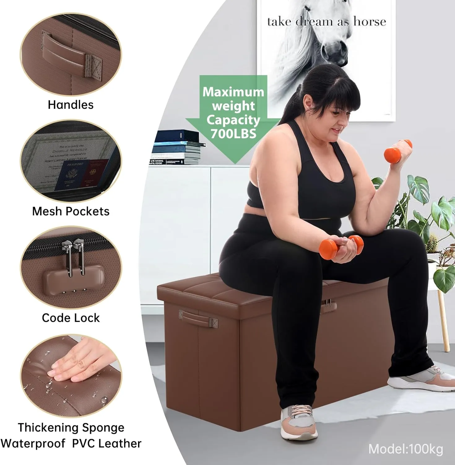 DocSafe Storage Ottoman Bench with Lock,Fireproof 30 Inches Folding Bench Foot Rest Stool Storage Chest Safe for Living Room,Bedroom,Home Office,Waterproof Leather Ottoman with Handles,Brown