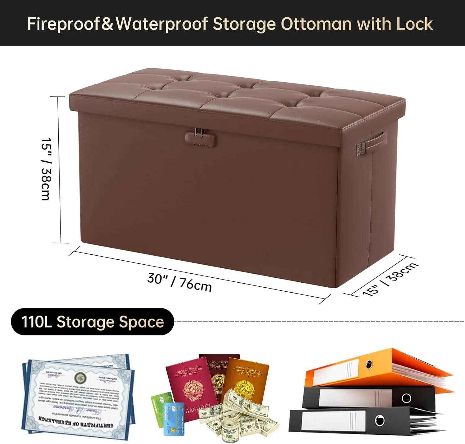 DocSafe Storage Ottoman Bench with Lock,Fireproof 30 Inches Folding Bench Foot Rest Stool Storage Chest Safe for Living Room,Bedroom,Home Office,Waterproof Leather Ottoman with Handles,Brown