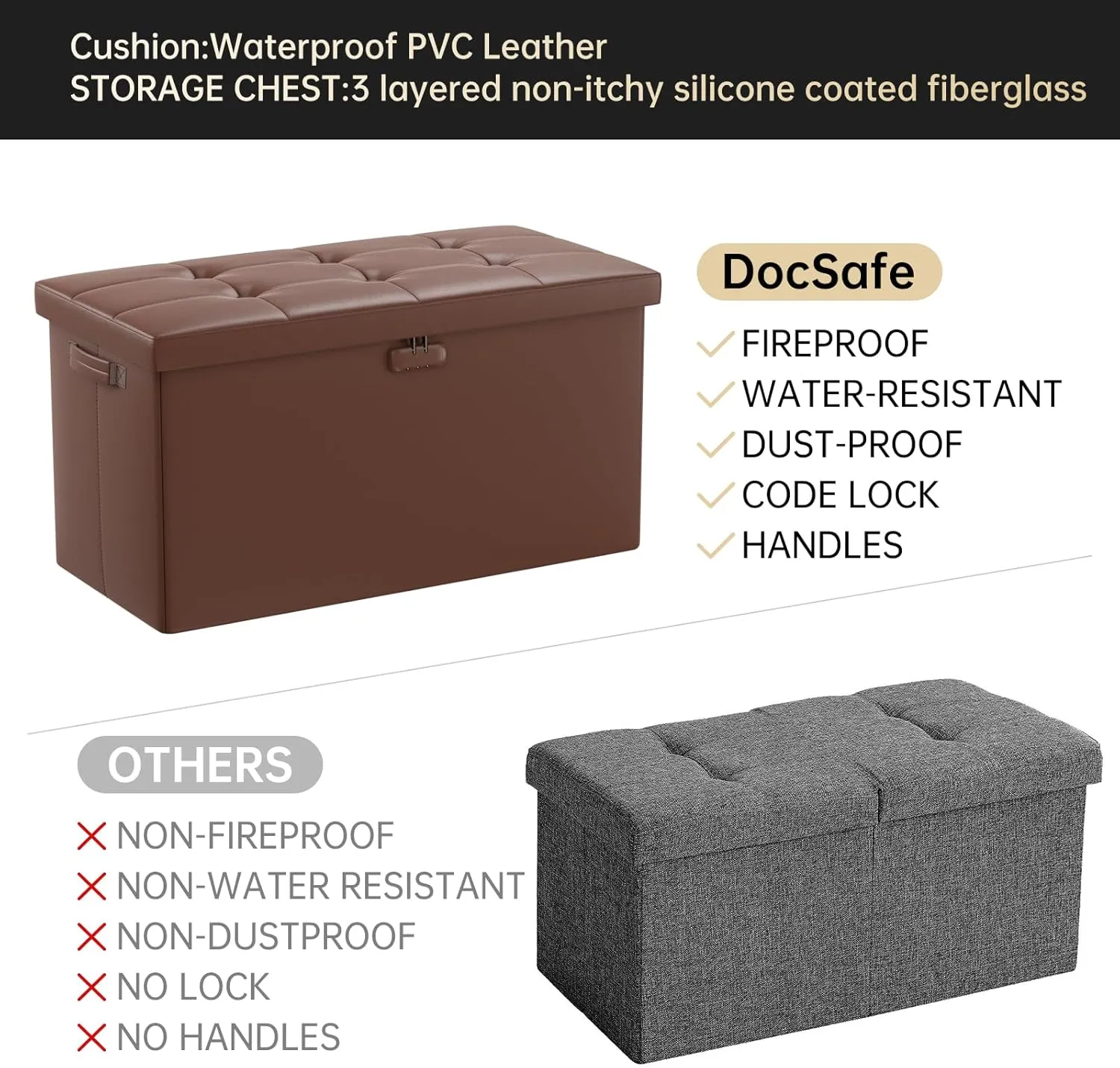 DocSafe Storage Ottoman Bench with Lock,Fireproof 30 Inches Folding Bench Foot Rest Stool Storage Chest Safe for Living Room,Bedroom,Home Office,Waterproof Leather Ottoman with Handles,Brown