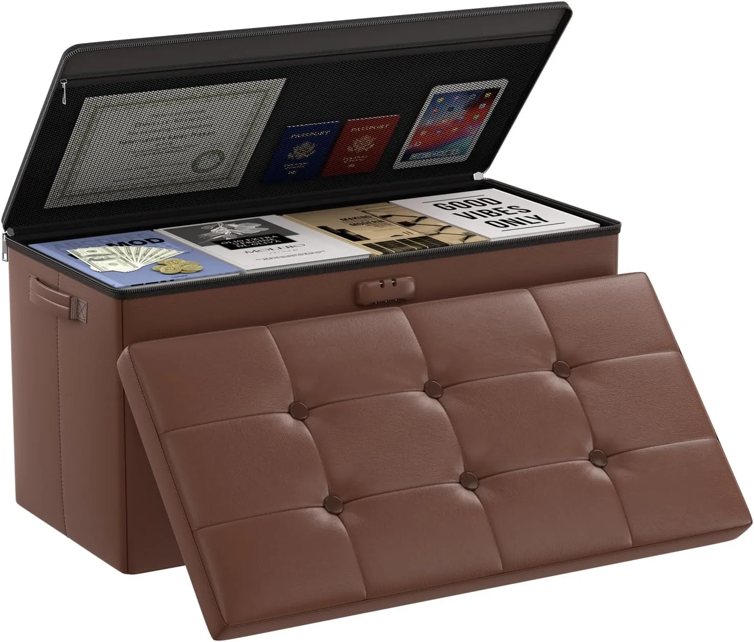 DocSafe Storage Ottoman Bench with Lock,Fireproof 30 Inches Folding Bench Foot Rest Stool Storage Chest Safe for Living Room,Bedroom,Home Office,Waterproof Leather Ottoman with Handles,Brown