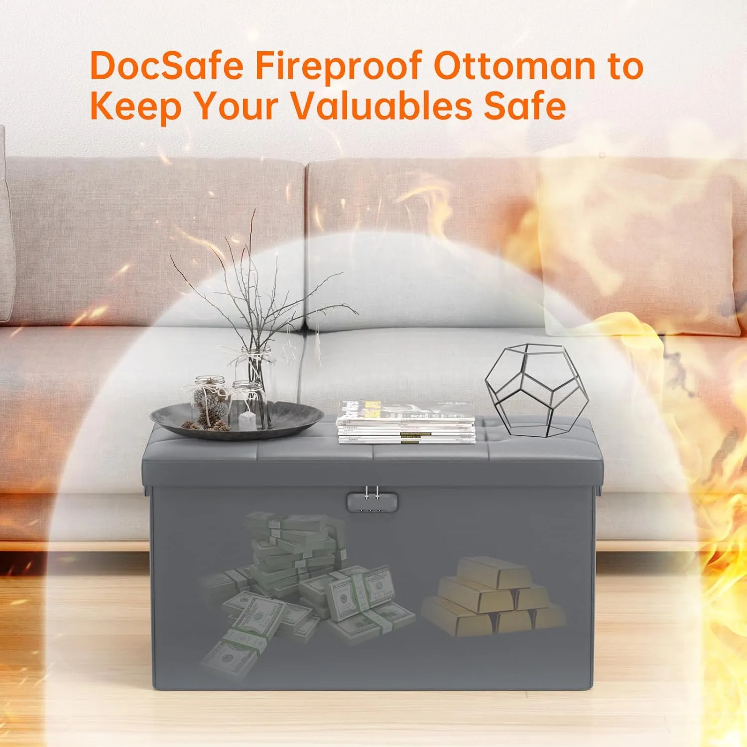 DocSafe Storage Ottoman Bench with Lock,Fireproof 30 Inches Folding Bench Foot Rest Stool Storage Chest Safe for Living Room,Bedroom,Home Office,Waterproof Leather Ottoman with Handles,Gray