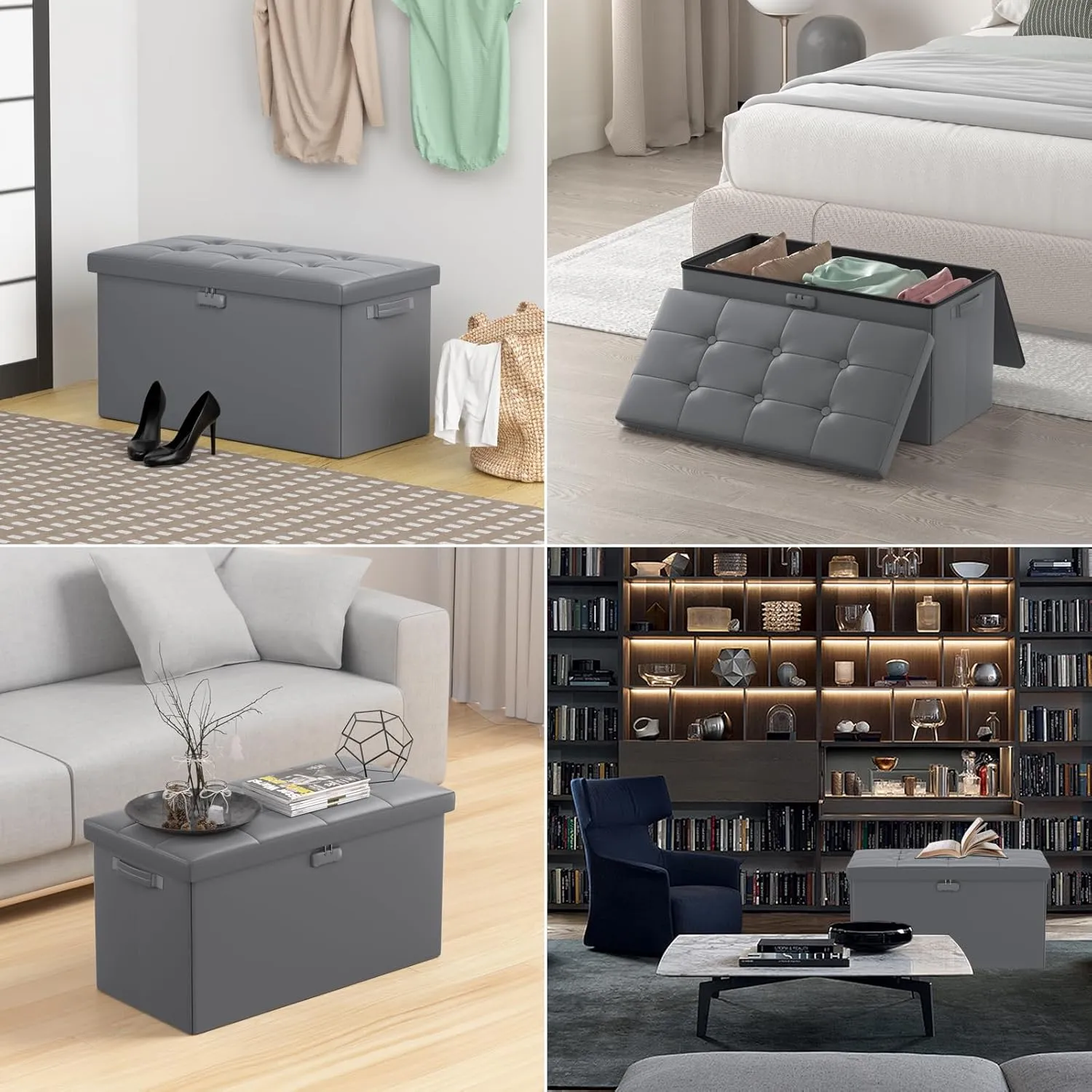 DocSafe Storage Ottoman Bench with Lock,Fireproof 30 Inches Folding Bench Foot Rest Stool Storage Chest Safe for Living Room,Bedroom,Home Office,Waterproof Leather Ottoman with Handles,Gray