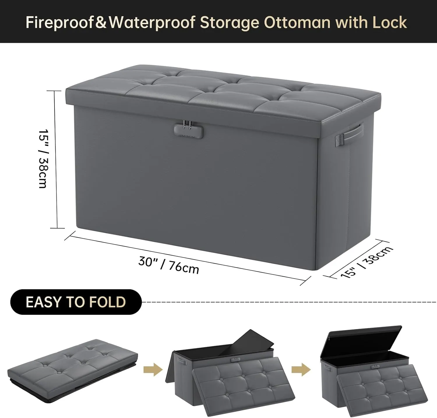 DocSafe Storage Ottoman Bench with Lock,Fireproof 30 Inches Folding Bench Foot Rest Stool Storage Chest Safe for Living Room,Bedroom,Home Office,Waterproof Leather Ottoman with Handles,Gray
