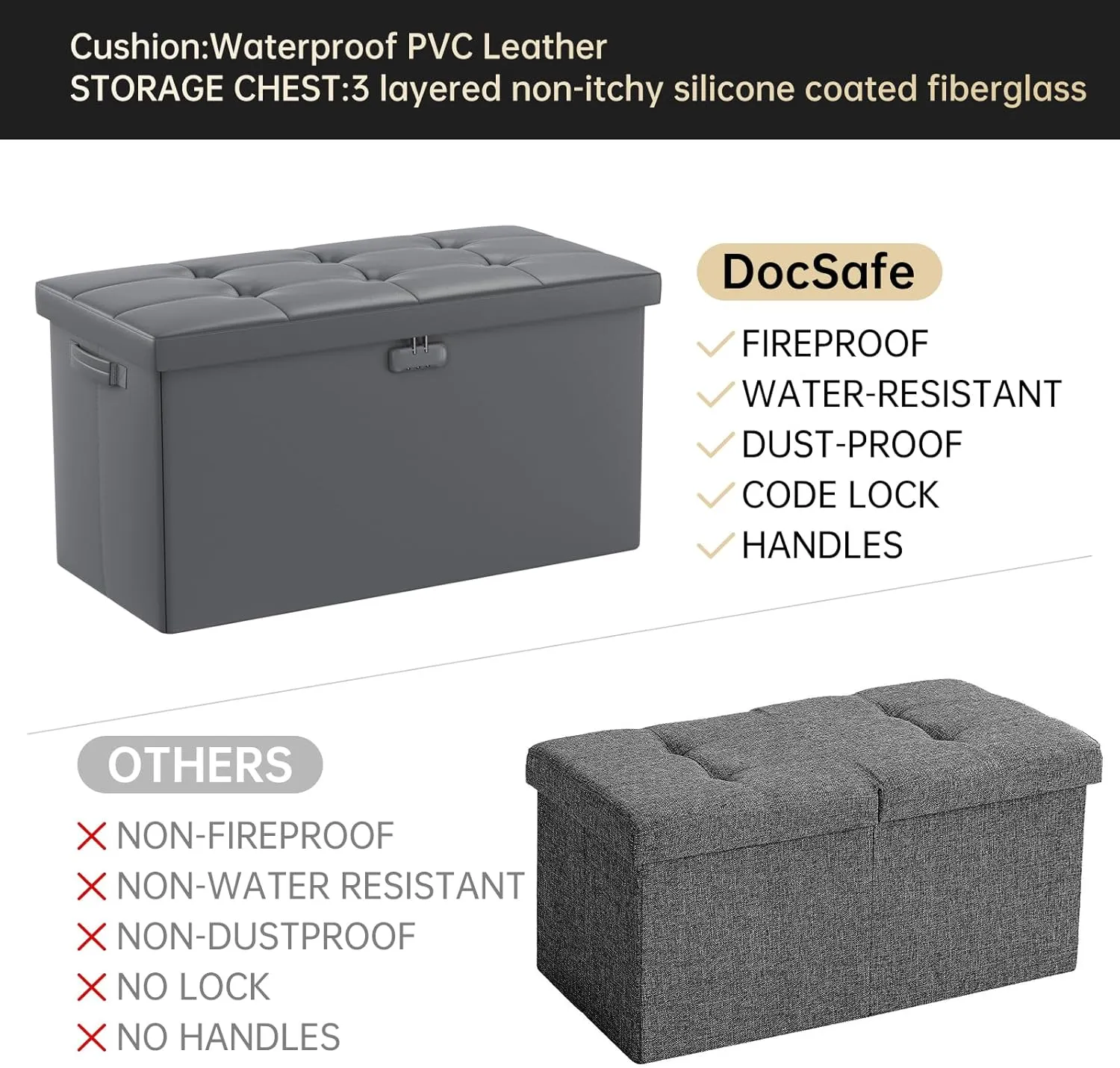 DocSafe Storage Ottoman Bench with Lock,Fireproof 30 Inches Folding Bench Foot Rest Stool Storage Chest Safe for Living Room,Bedroom,Home Office,Waterproof Leather Ottoman with Handles,Gray