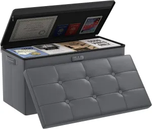 DocSafe Storage Ottoman Bench with Lock,Fireproof 30 Inches Folding Bench Foot Rest Stool Storage Chest Safe for Living Room,Bedroom,Home Office,Waterproof Leather Ottoman with Handles,Gray