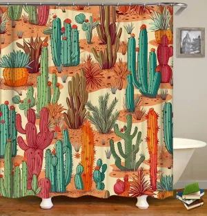 Domoku Multicolor Desert Cactus Shower Curtain Set - Western Prickly Shower Curtain, Southwest Plant Tropical Desert Style, Waterproof Fabric with 12 Hooks, 72 x 72 inches