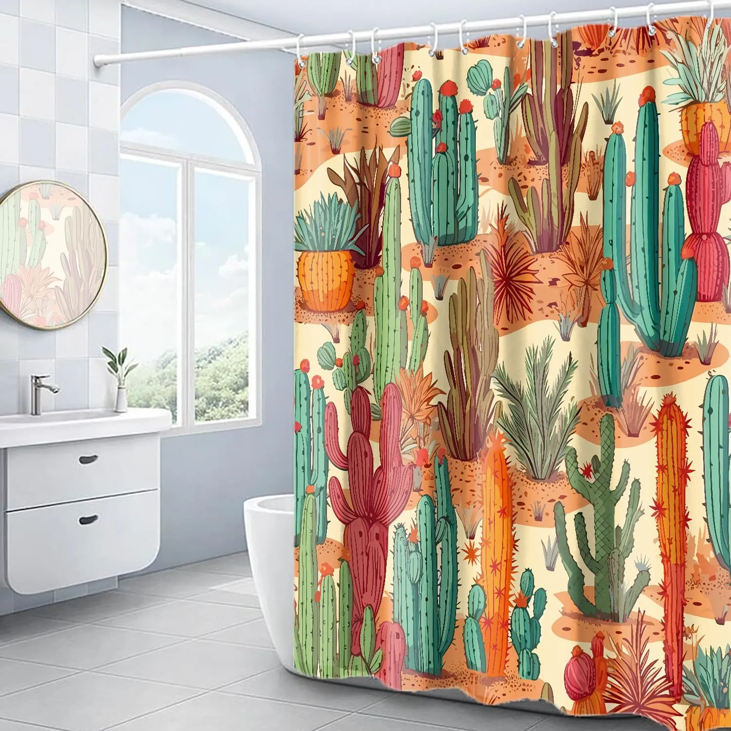 Domoku Multicolor Desert Cactus Shower Curtain Set - Western Prickly Shower Curtain, Southwest Plant Tropical Desert Style, Waterproof Fabric with 12 Hooks, 72 x 72 inches