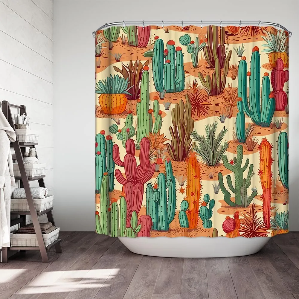 Domoku Multicolor Desert Cactus Shower Curtain Set - Western Prickly Shower Curtain, Southwest Plant Tropical Desert Style, Waterproof Fabric with 12 Hooks, 72 x 72 inches
