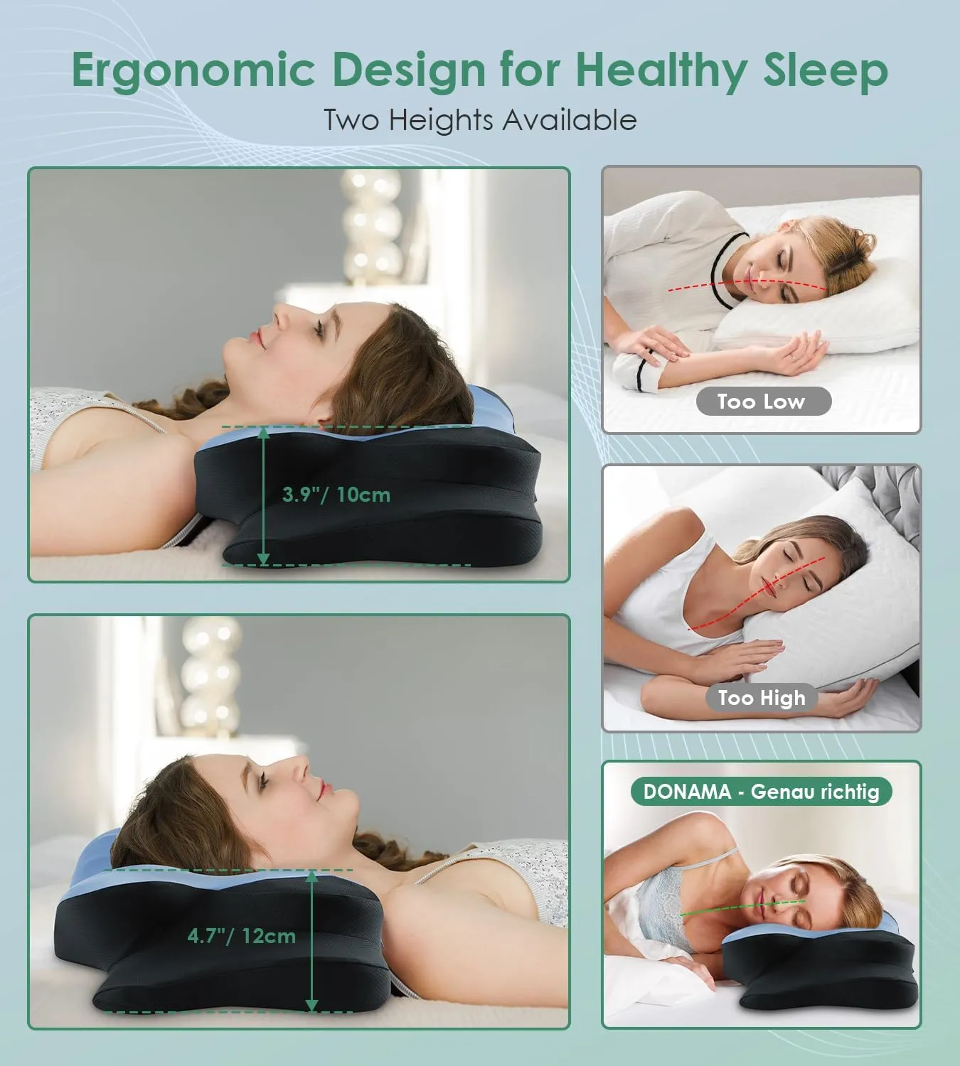 DONAMA Cervical Pillow for Sleeping, Contour Memory Foam Pillow for Neck and Shoulder Support, Ergonomic Neck Pillow for Side Back Stomach Sleepers, Bed Pillows with Cooling Silk Pillowcase